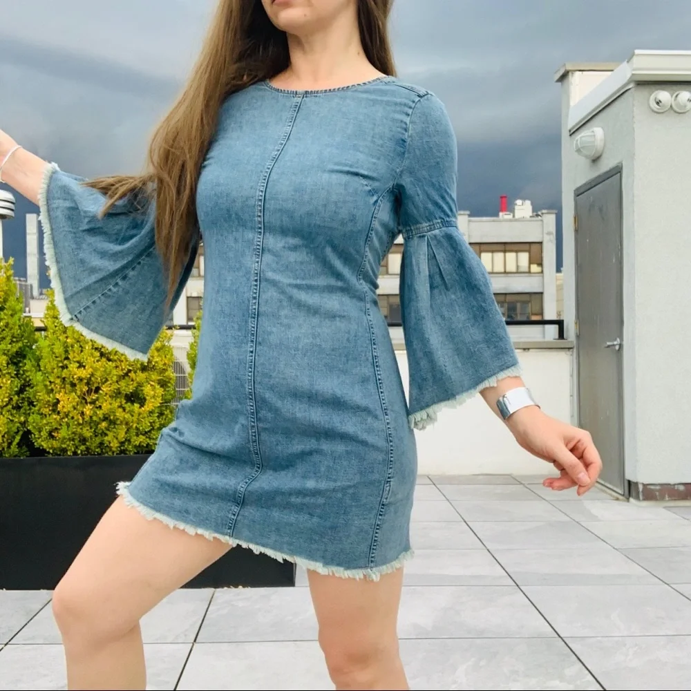 Free People Denim Fringed Raw Hem Flare Backless Dress - Picture 15 of 16